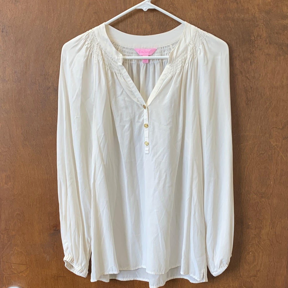 Lilly Pulitzer 100% Silk Elsa Sz S Blouse with Gold Lilly Buttons Elegant Soft